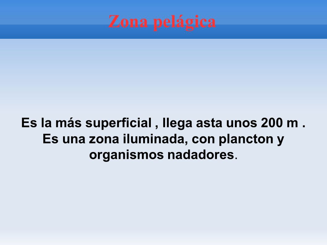 Zona pelágica Es la más superficial , llega asta unos 200 m .