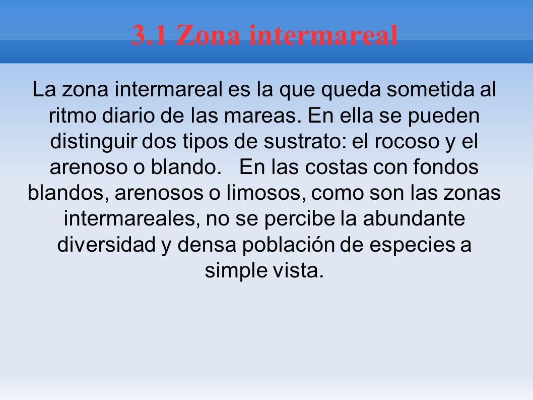 La zona intermareal es la que queda sometida al ritmo diario de las mareas. En ella se pueden distinguir dos tipos de sustrato: el rocoso y el arenoso o blando. En las costas con fondos blandos, arenosos o limosos, como son las zonas intermareales, no se percibe la abundante diversidad y densa población de especies a simple vista.