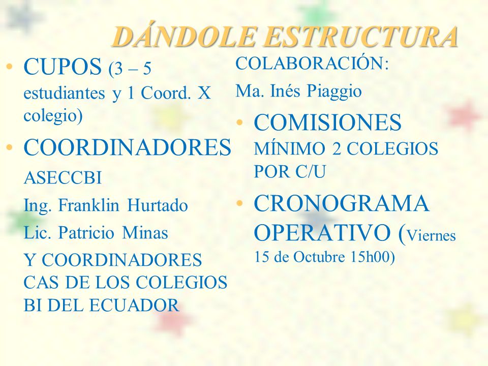 DÁNDOLE ESTRUCTURA CUPOS (3 – 5 estudiantes y 1 Coord. X colegio)