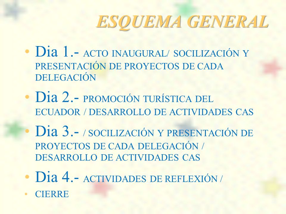 ESQUEMA GENERAL Dia 1.- ACTO INAUGURAL/ SOCILIZACIÓN Y PRESENTACIÓN DE PROYECTOS DE CADA DELEGACIÓN.
