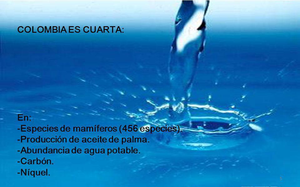 COLOMBIA ES CUARTA: En: Especies de mamíferos (456 especies). Producción de aceite de palma. Abundancia de agua potable.