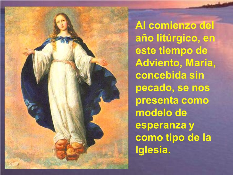 Al comienzo del año litúrgico, en este tiempo de Adviento, María, concebida sin pecado, se nos presenta como modelo de esperanza y como tipo de la Iglesia.