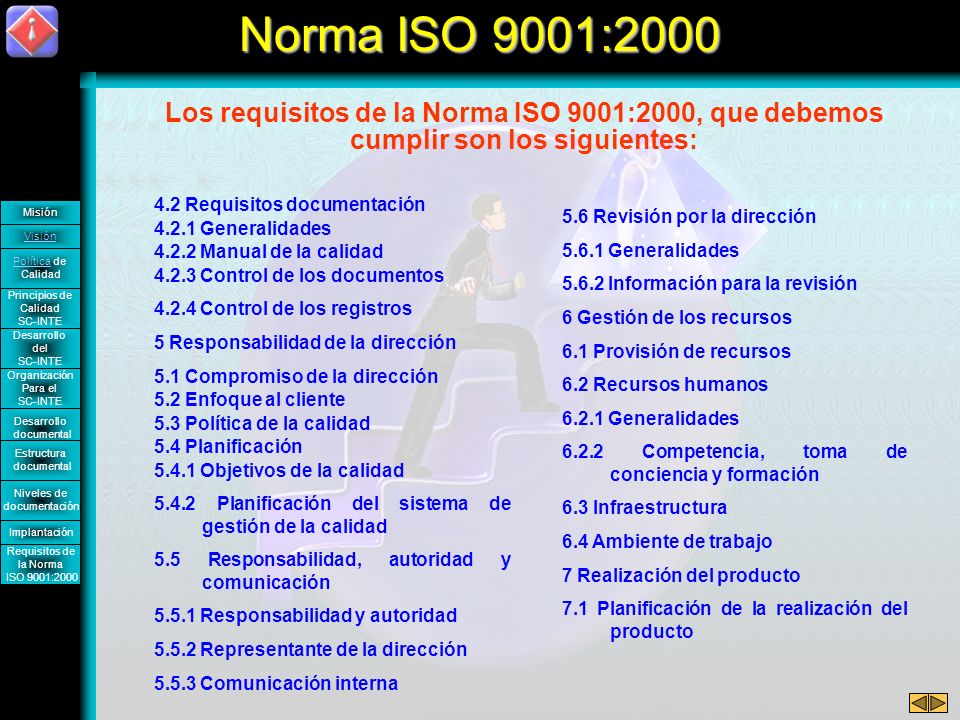 Norma ISO 9001:2000 Los requisitos de la Norma ISO 9001:2000, que debemos cumplir son los siguientes: