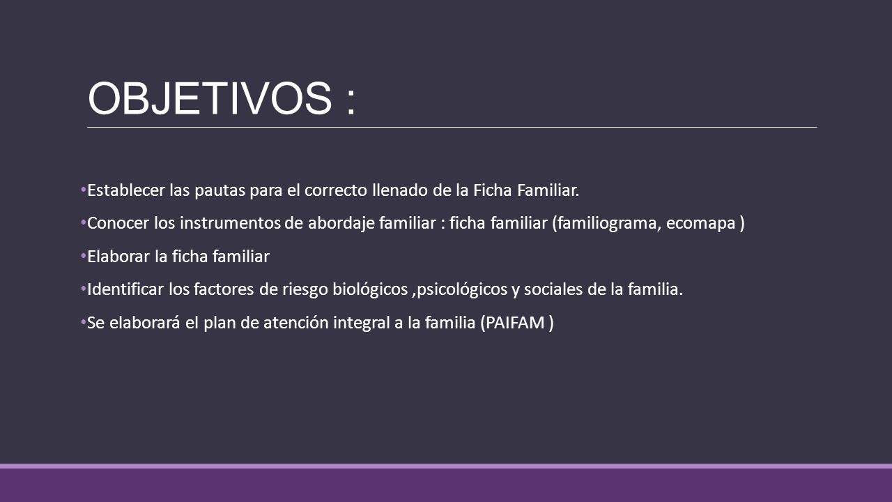 OBJETIVOS : Establecer las pautas para el correcto llenado de la Ficha Familiar.
