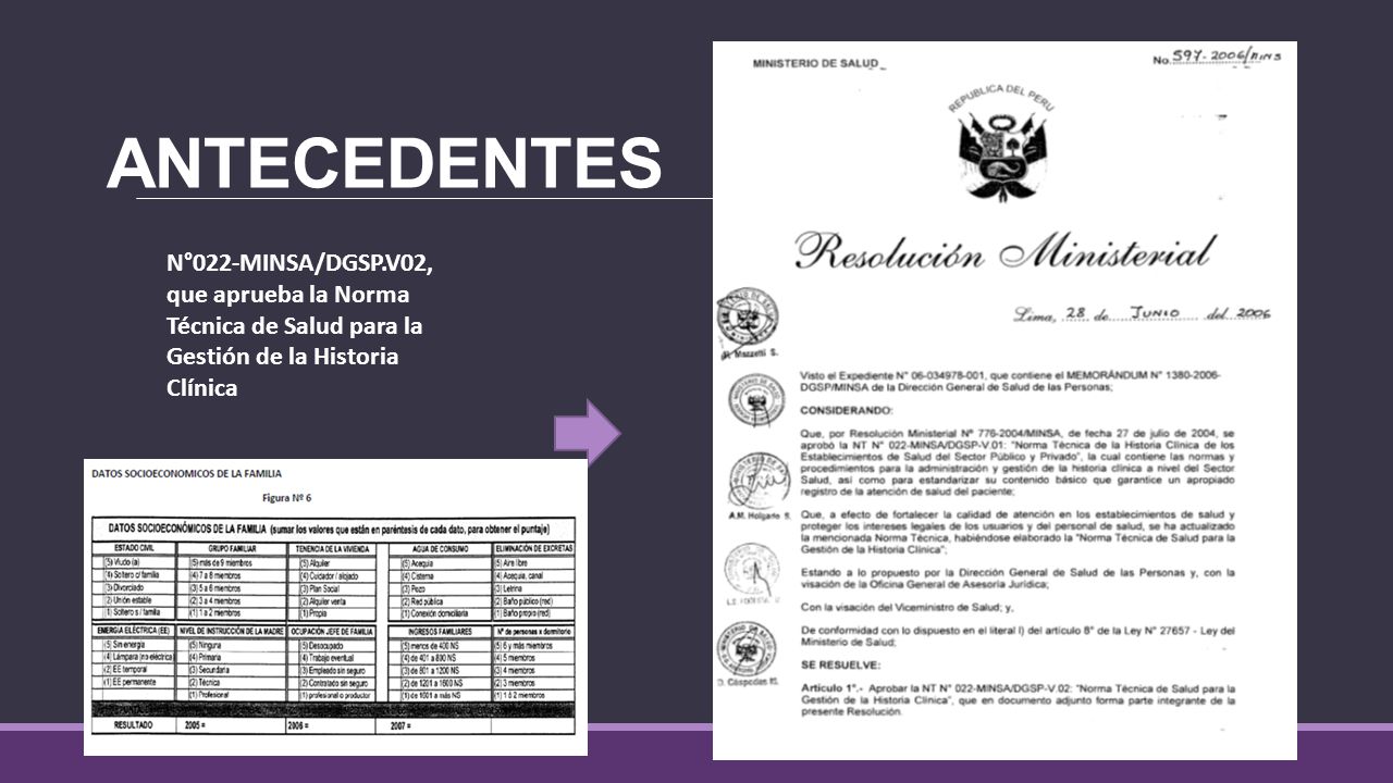 ANTECEDENTES N°022-MINSA/DGSP.V02, que aprueba la Norma Técnica de Salud para la Gestión de la Historia Clínica.