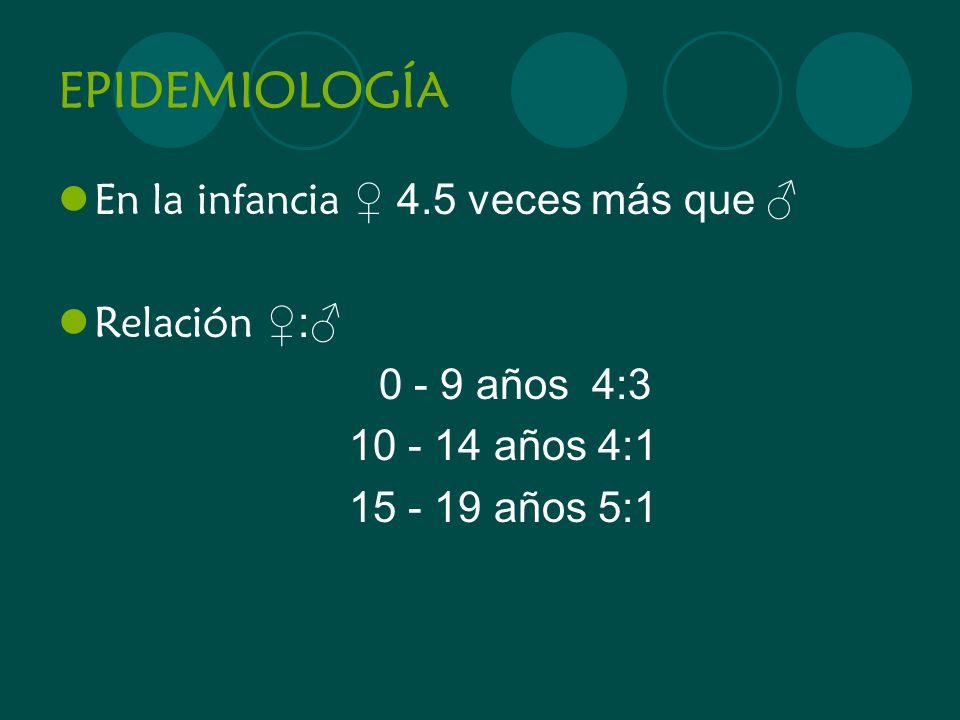 EPIDEMIOLOGÍA En la infancia ♀ 4.5 veces más que ♂ Relación ♀:♂