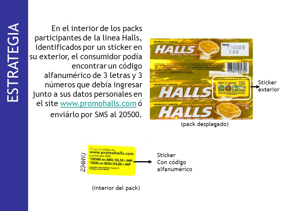 En el interior de los packs participantes de la linea Halls, identificados por un sticker en su exterior, el consumidor podía encontrar un código alfanumérico de 3 letras y 3 números que debía ingresar junto a sus datos personales en el site   ó