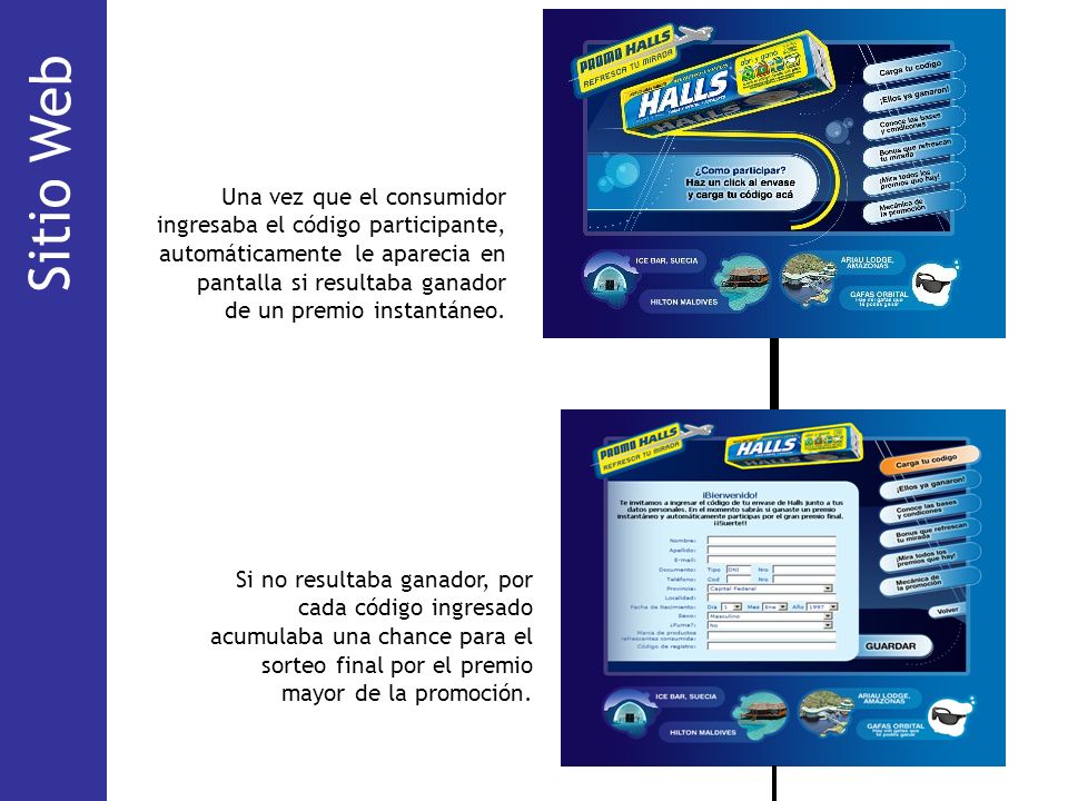 Sitio Web Mecánica. Una vez que el consumidor ingresaba el código participante, automáticamente le aparecia en pantalla si resultaba ganador.