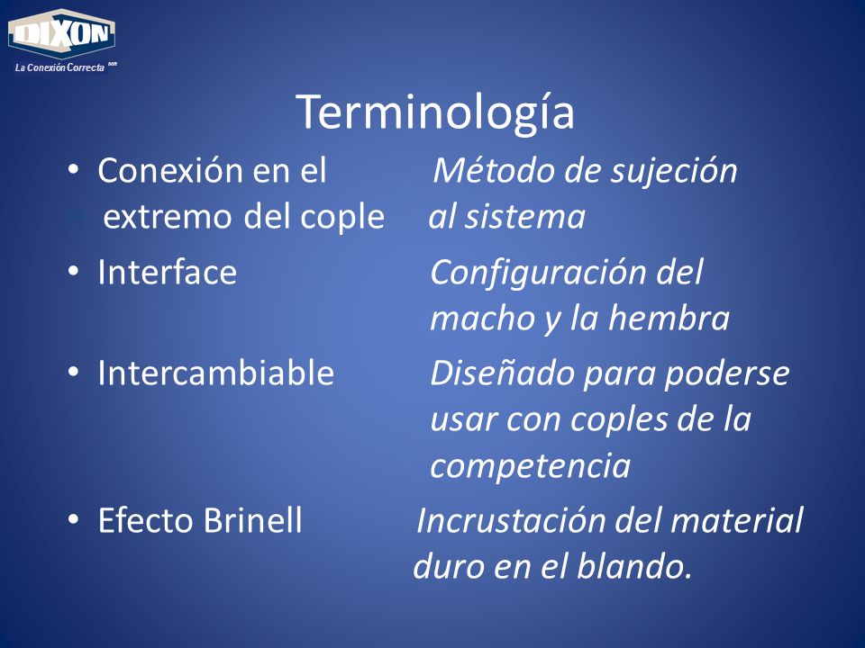 MR La Conexión Correcta. Terminología. Conexión en el Método de sujeción e extremo del cople al sistema.