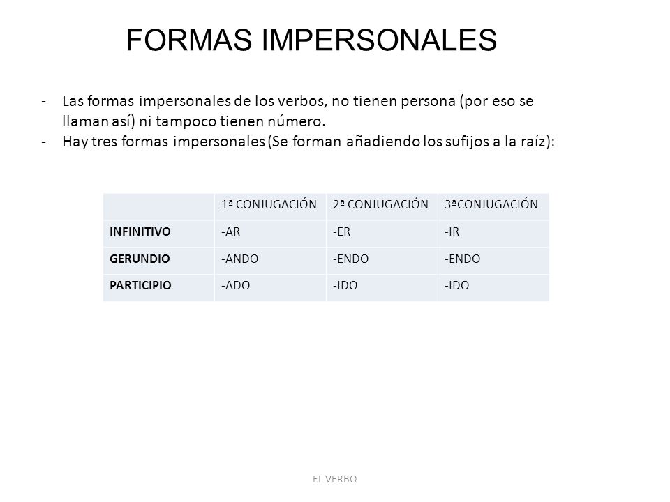 FORMAS IMPERSONALES Las formas impersonales de los verbos, no tienen persona (por eso se llaman así) ni tampoco tienen número.