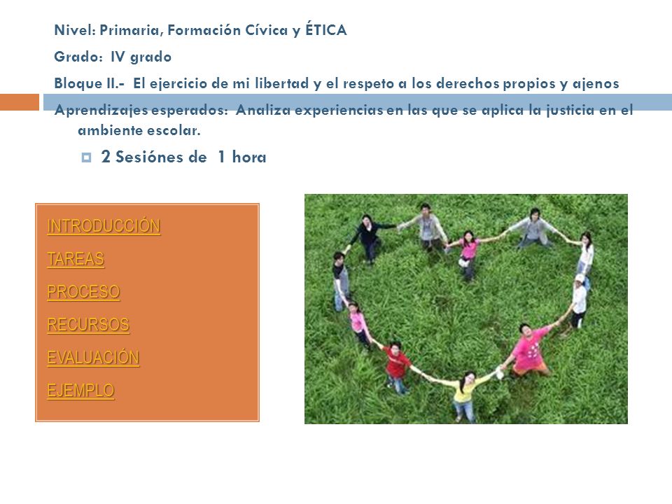 2 Sesiónes de 1 hora INTRODUCCIÓN TAREAS PROCESO RECURSOS EVALUACIÓN