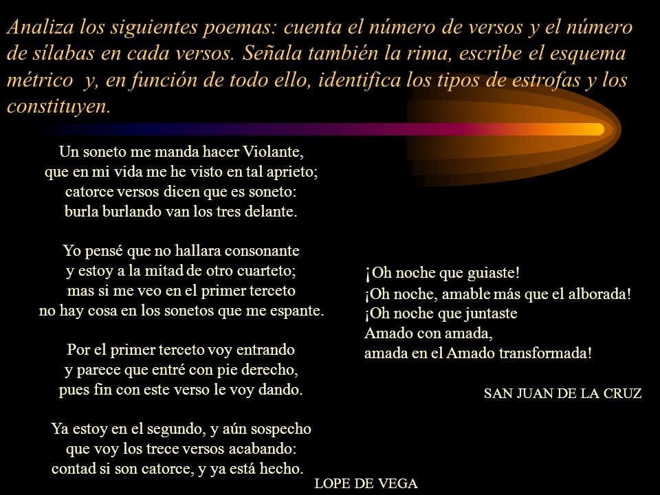Analiza los siguientes poemas: cuenta el número de versos y el número de sílabas en cada versos. Señala también la rima, escribe el esquema métrico y, en función de todo ello, identifica los tipos de estrofas y los constituyen.