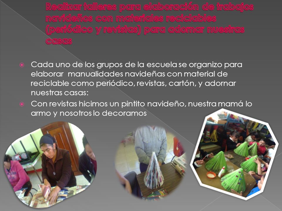 Realizar talleres para elaboración de trabajos navideños con materiales reciclables (periódico y revistas) para adornar nuestras casas