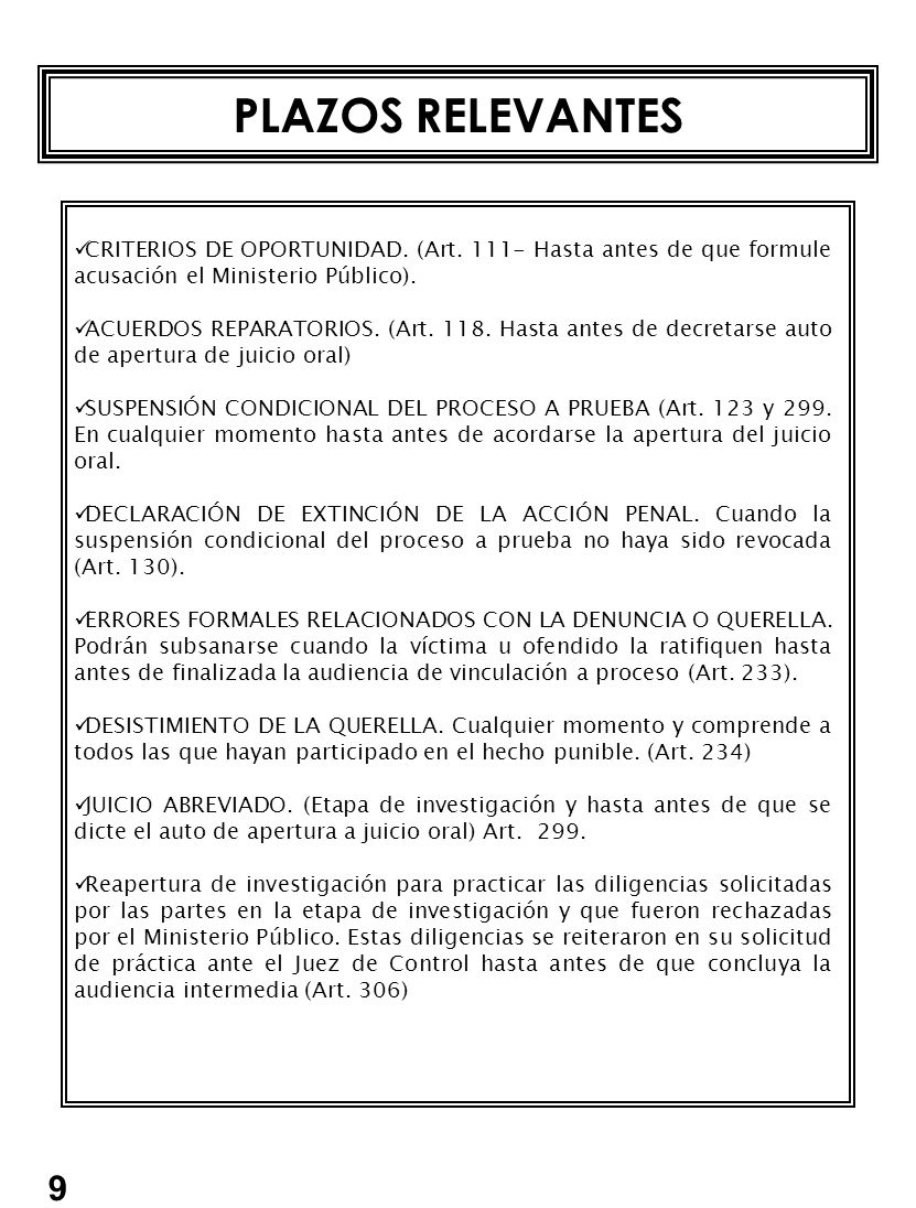 PLAZOS RELEVANTES CRITERIOS DE OPORTUNIDAD. (Art Hasta antes de que formule acusación el Ministerio Público).