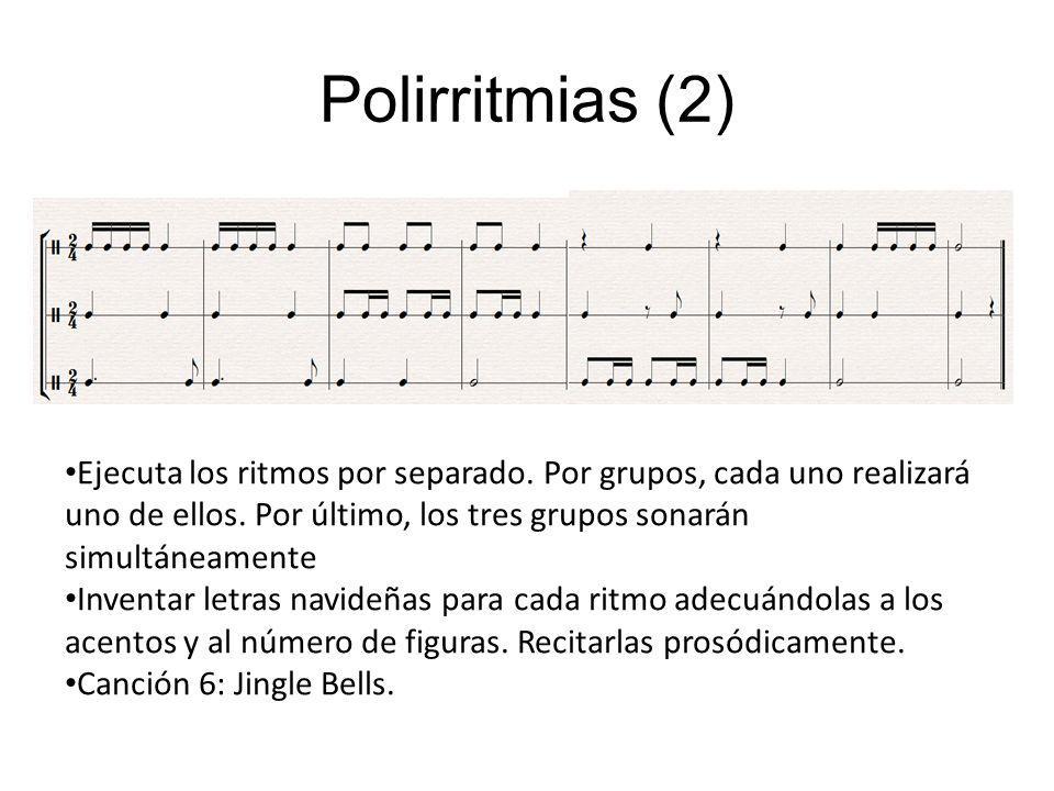 Polirritmias (2) Ejecuta los ritmos por separado. Por grupos, cada uno realizará uno de ellos. Por último, los tres grupos sonarán simultáneamente.