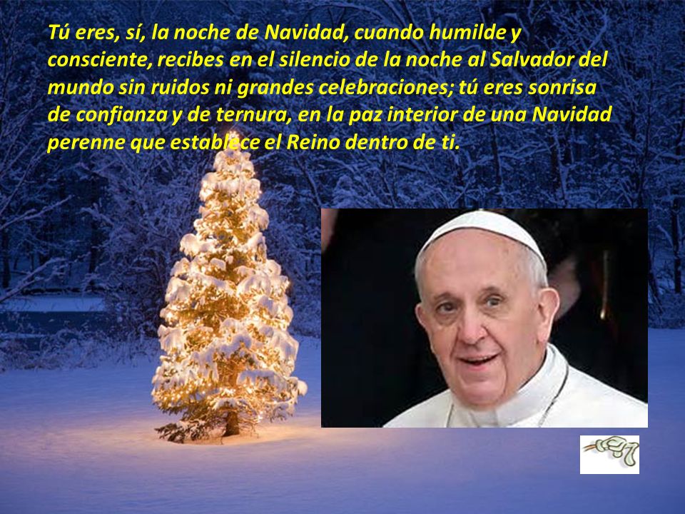 Tú eres, sí, la noche de Navidad, cuando humilde y consciente, recibes en el silencio de la noche al Salvador del mundo sin ruidos ni grandes celebraciones; tú eres sonrisa de confianza y de ternura, en la paz interior de una Navidad perenne que establece el Reino dentro de ti.