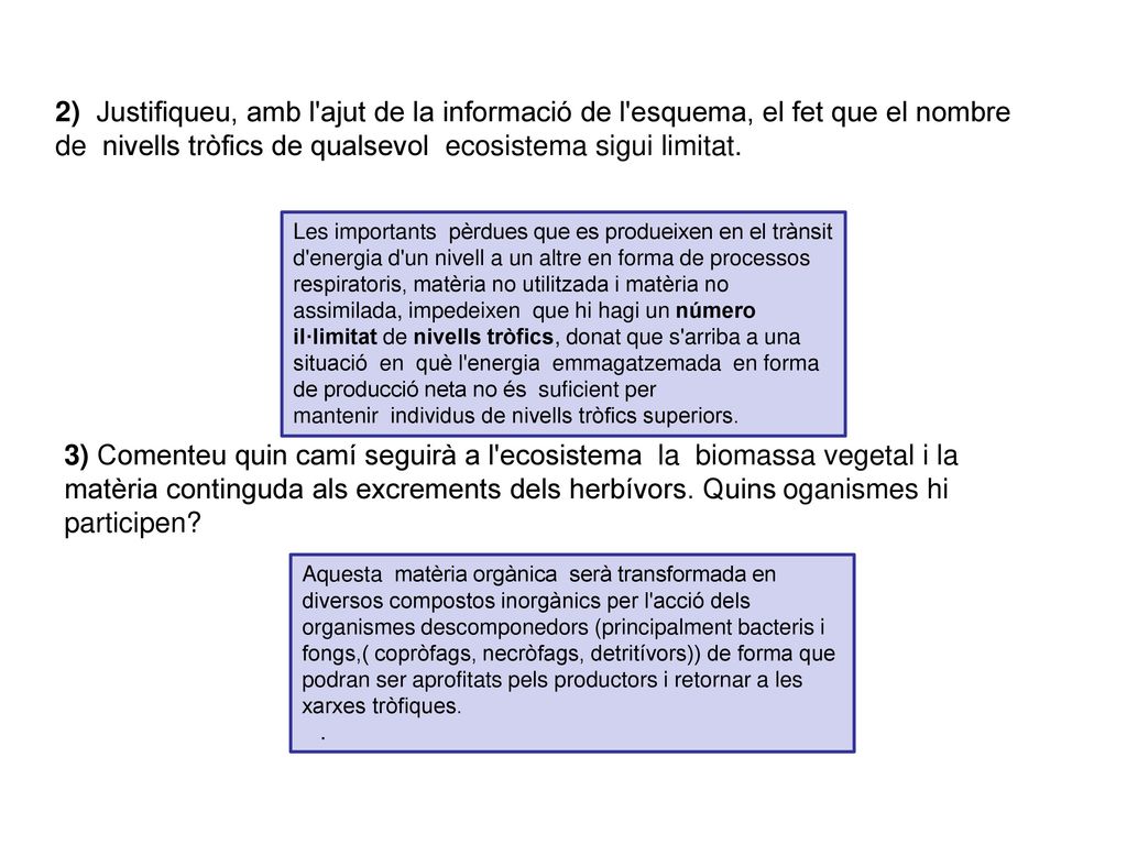 2) Justifiqueu, amb l ajut de la informació de l esquema, el fet que el nombre de nivells tròfics de qualsevol ecosistema sigui limitat.