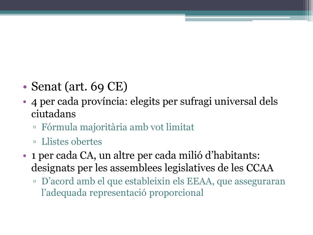 Senat (art. 69 CE) 4 per cada província: elegits per sufragi universal dels ciutadans. Fórmula majoritària amb vot limitat.