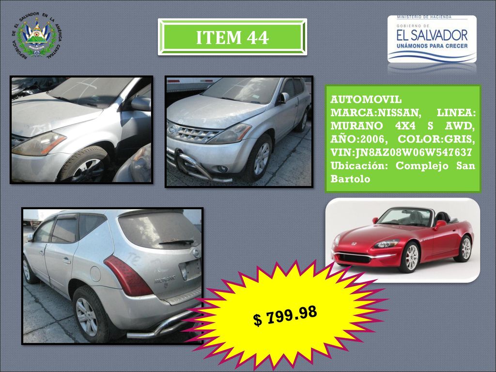 ITEM 44 AUTOMOVIL MARCA:NISSAN, LINEA: MURANO 4X4 S AWD, AÑO:2006, COLOR:GRIS, VIN:JN8AZ08W06W Ubicación: Complejo San Bartolo.