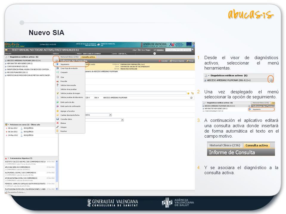 Nuevo SIA Desde el visor de diagnósticos activos, seleccionar el menú herramientas. Una vez desplegado el menú seleccionar la opción de seguimiento.