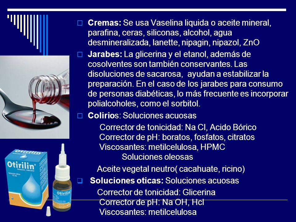 Cremas: Se usa Vaselina liquida o aceite mineral, parafina, ceras, siliconas, alcohol, agua desmineralizada, lanette, nipagin, nipazol, ZnO
