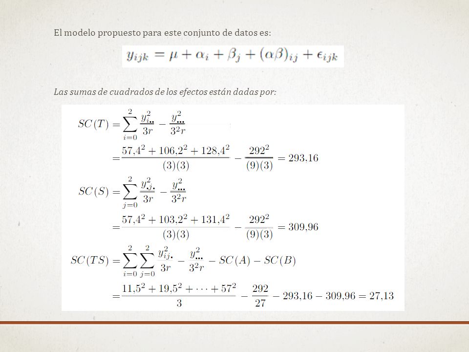 El modelo propuesto para este conjunto de datos es: Las sumas de cuadrados de los efectos están dadas por: