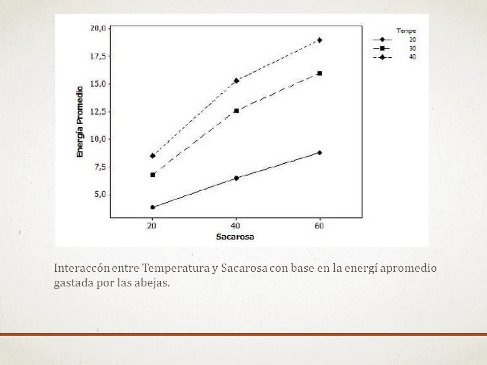 Interaccón entre Temperatura y Sacarosa con base en la energí apromedio gastada por las abejas.