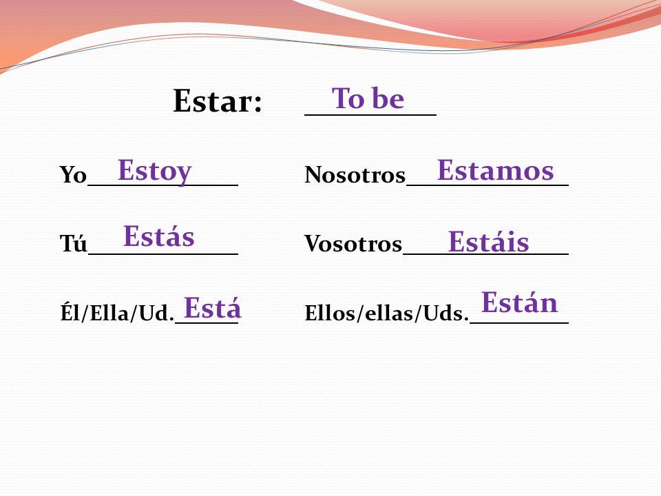 To be Estoy Estamos Estás Estáis Están Está Estar: Yo Nosotros