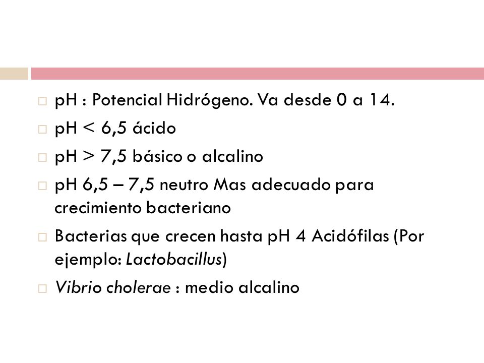 Condiciones de pH pH : Potencial Hidrógeno. Va desde 0 a 14.