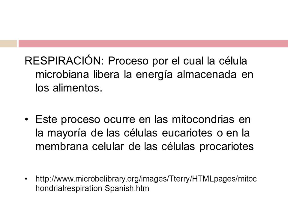 RESPIRACIÓN: Proceso por el cual la célula microbiana libera la energía almacenada en los alimentos.