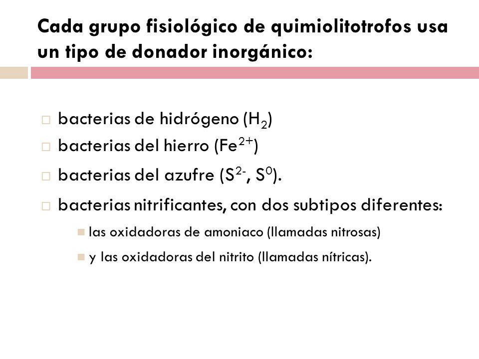 Cada grupo fisiológico de quimiolitotrofos usa un tipo de donador inorgánico: