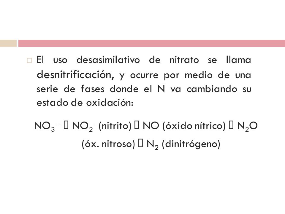 El uso desasimilativo de nitrato se llama desnitrificación, y ocurre por medio de una serie de fases donde el N va cambiando su estado de oxidación: