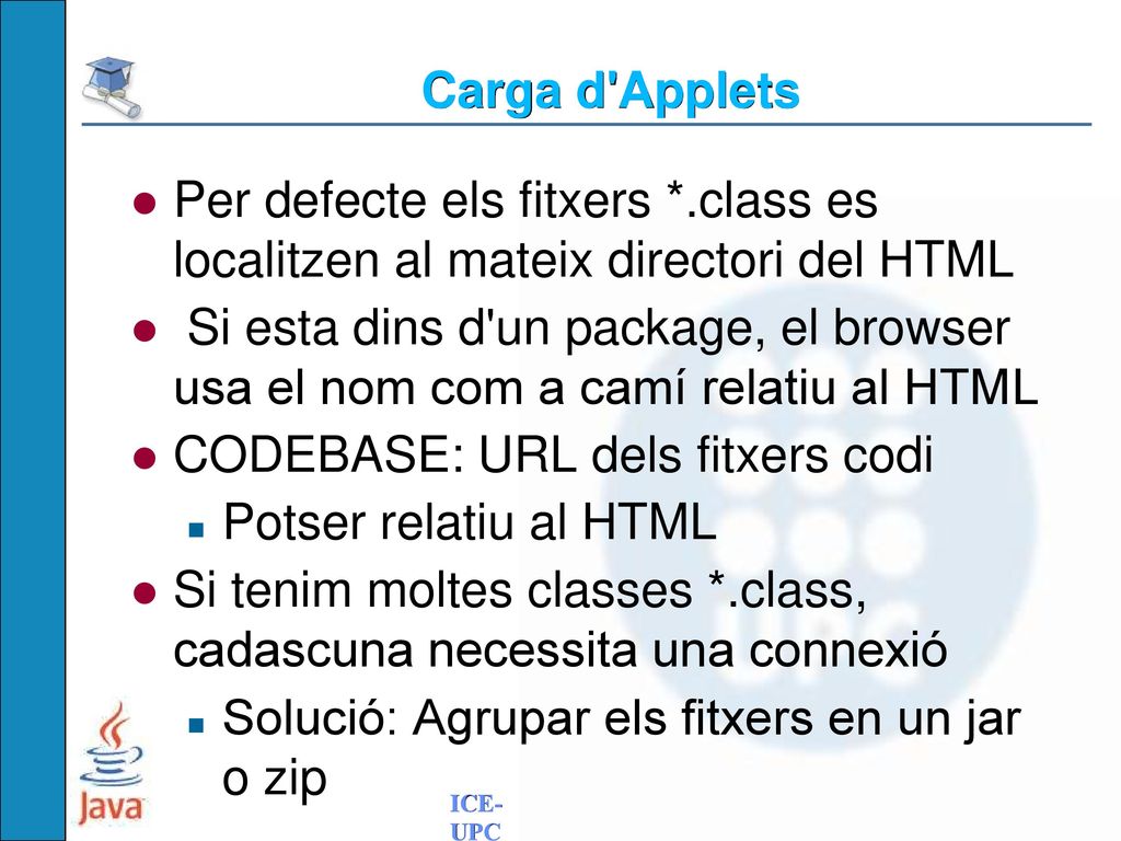 Carga d Applets Per defecte els fitxers *.class es localitzen al mateix directori del HTML.