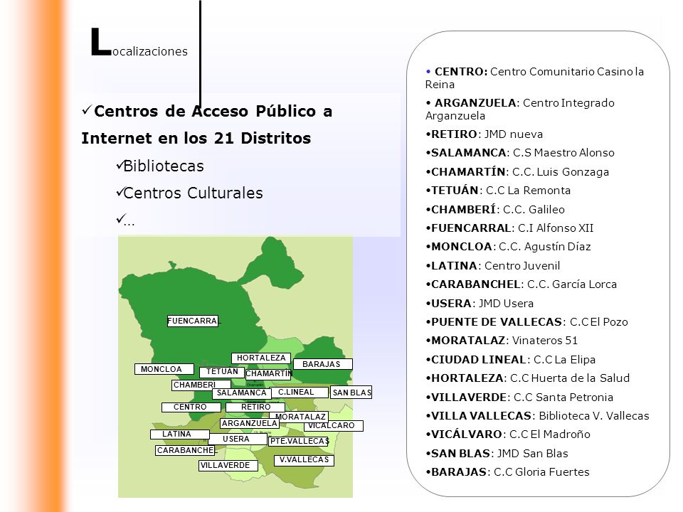 Localizaciones CENTRO: Centro Comunitario Casino la Reina. ARGANZUELA: Centro Integrado Arganzuela.