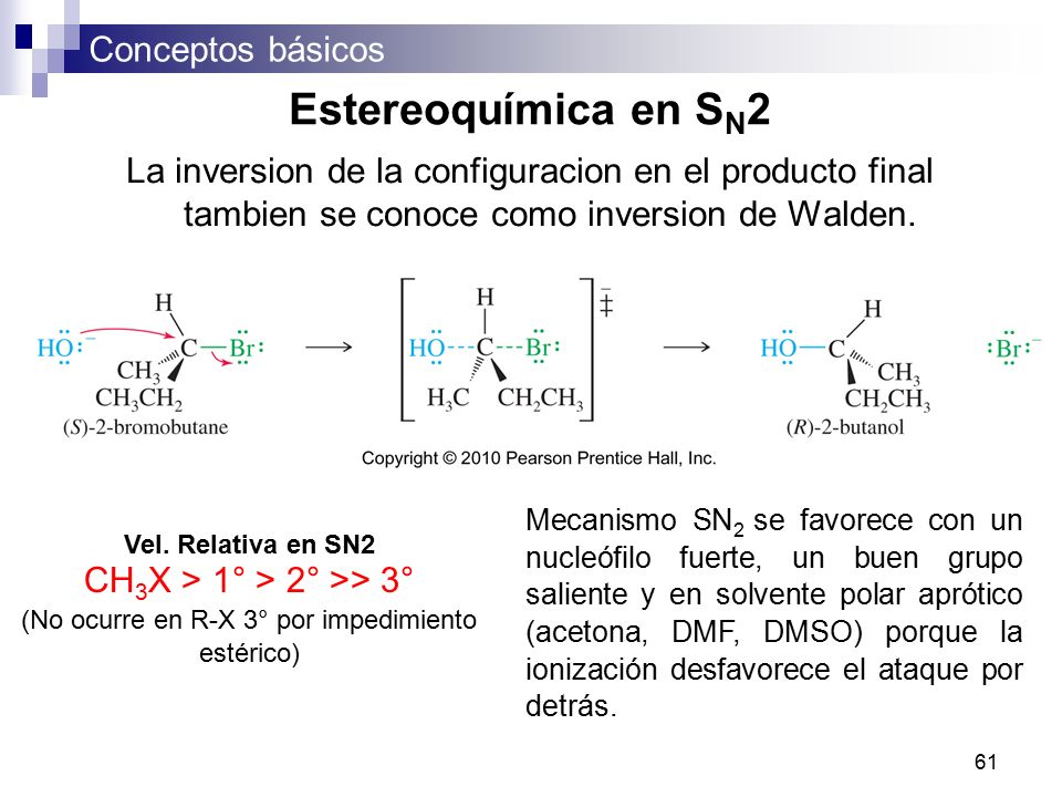 Estereoquímica en SN2 La inversion de la configuracion en el producto final tambien se conoce como inversion de Walden.