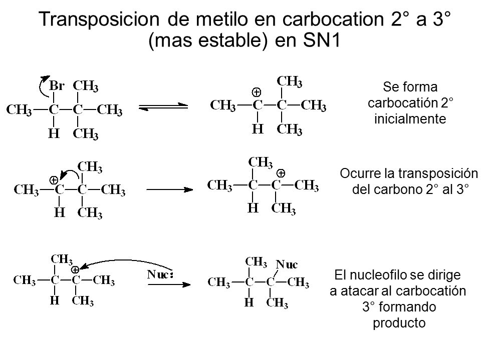 Transposicion de metilo en carbocation 2° a 3° (mas estable) en SN1