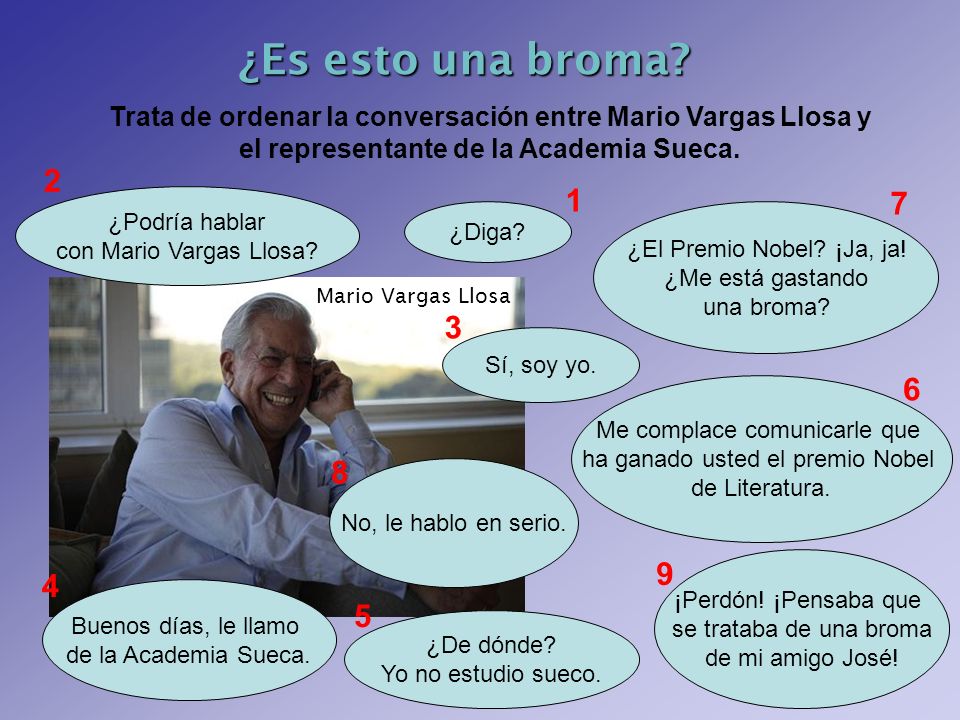 ¿Es esto una broma Trata de ordenar la conversación entre Mario Vargas Llosa y. el representante de la Academia Sueca.