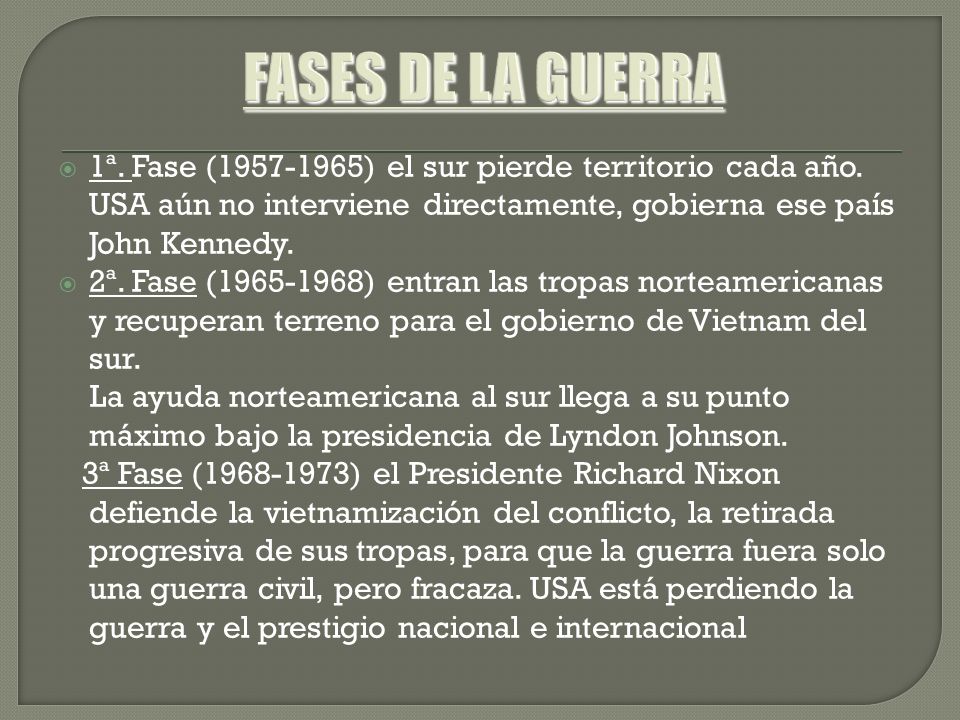 FASES DE LA GUERRA 1ª. Fase ( ) el sur pierde territorio cada año. USA aún no interviene directamente, gobierna ese país John Kennedy.