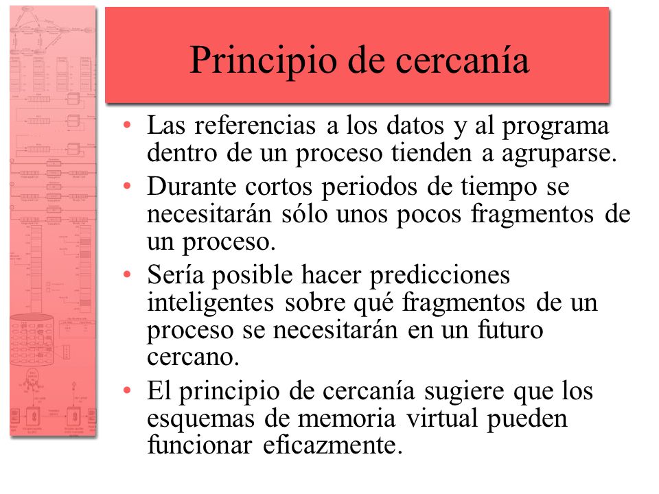 Principio de cercanía Las referencias a los datos y al programa dentro de un proceso tienden a agruparse.