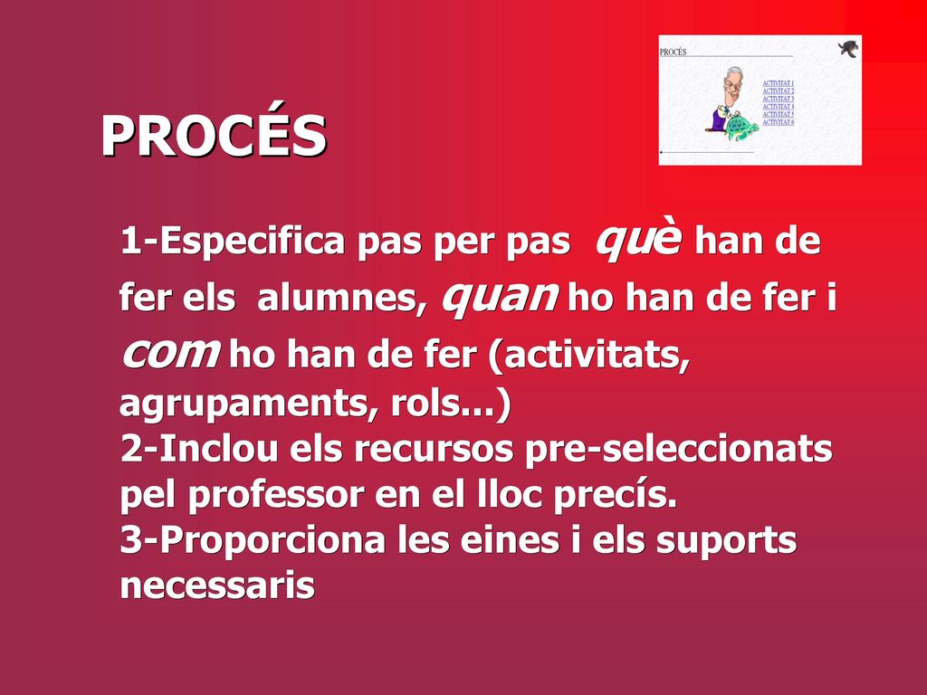 1-Especifica pas per pas què han de fer els alumnes, quan ho han de fer i com ho han de fer (activitats, agrupaments, rols...)