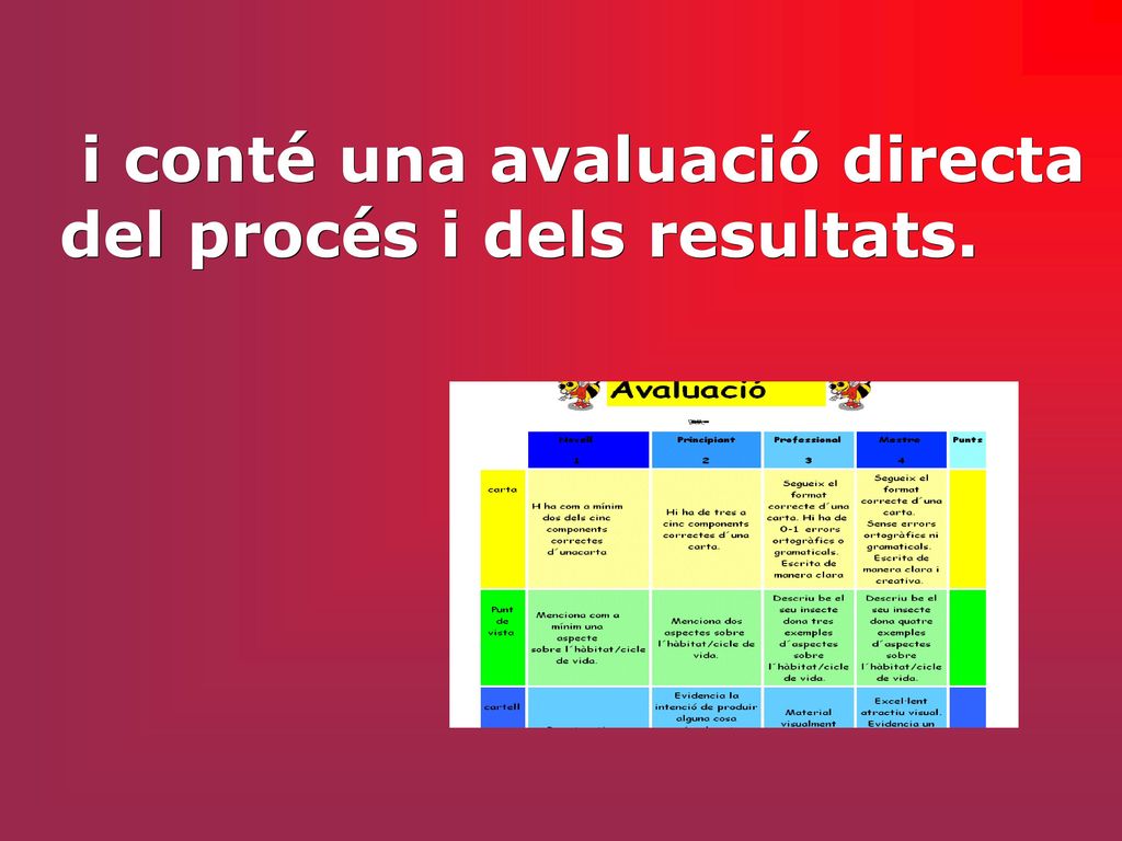 i conté una avaluació directa del procés i dels resultats.