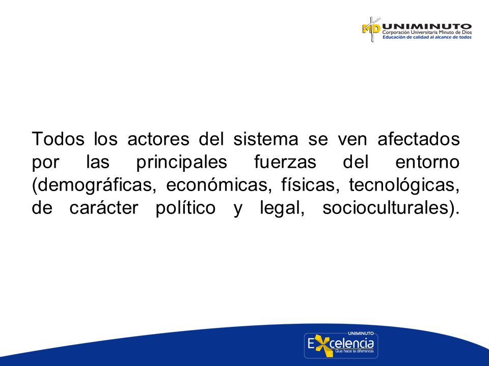 Todos los actores del sistema se ven afectados por las principales fuerzas del entorno (demográficas, económicas, físicas, tecnológicas, de carácter político y legal, socioculturales).