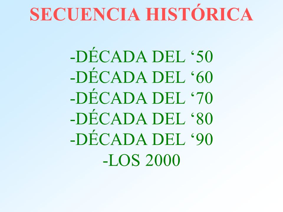 SECUENCIA HISTÓRICA -DÉCADA DEL ‘50 -DÉCADA DEL ‘60 -DÉCADA DEL ‘70 -DÉCADA DEL ‘80 -DÉCADA DEL ‘90 -LOS 2000