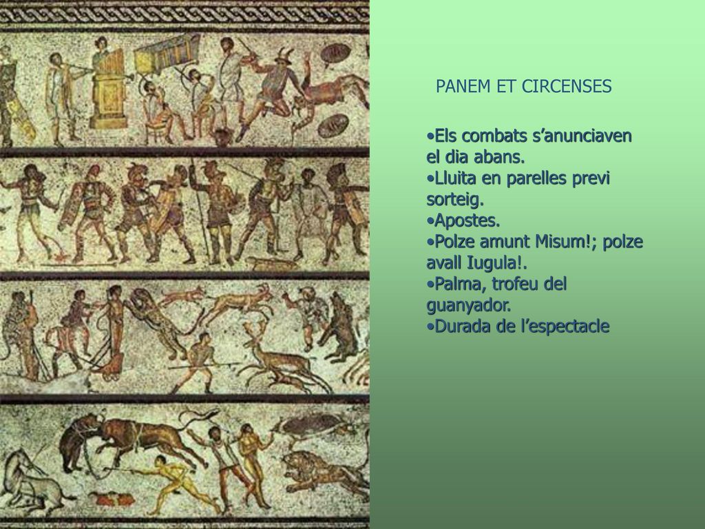 PANEM ET CIRCENSES Els combats s’anunciaven el dia abans. Lluita en parelles previ sorteig. Apostes.