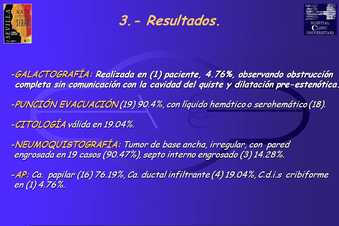 3.- Resultados. GALACTOGRAFÍA: Realizada en (1) paciente, 4.76%, observando obstrucción.