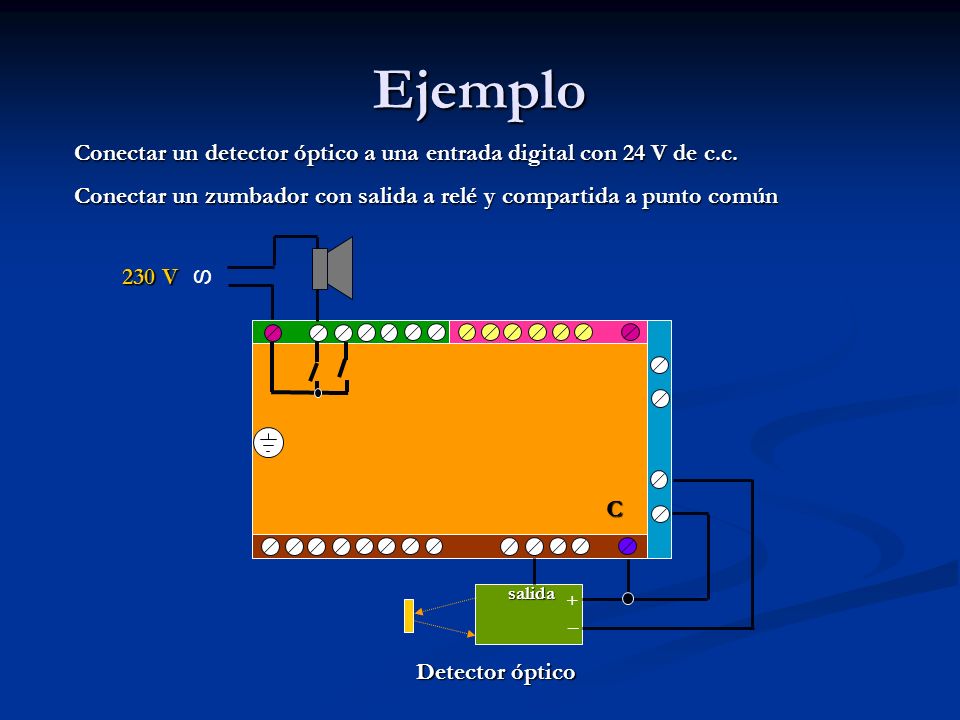 Ejemplo Conectar un detector óptico a una entrada digital con 24 V de c.c. Conectar un zumbador con salida a relé y compartida a punto común.