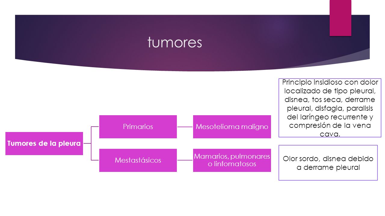 tumores Tumores de la pleura. Primarios. Mesotelioma maligno. Mestastásicos. Mamarios, pulmonares o linfomatosos.