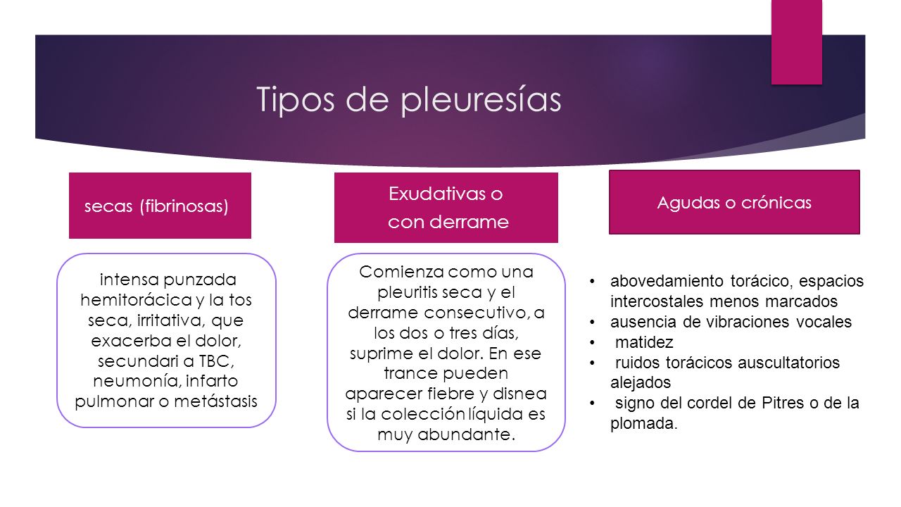 Tipos de pleuresías Exudativas o con derrame secas (fibrinosas)
