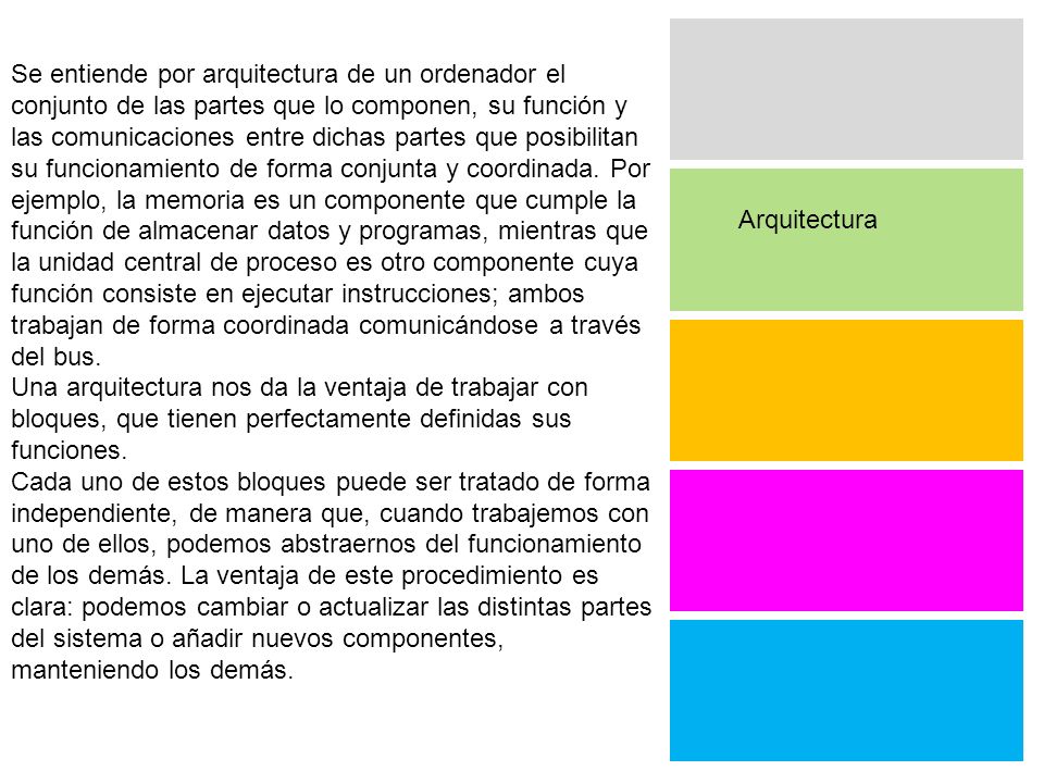 Se entiende por arquitectura de un ordenador el conjunto de las partes que lo componen, su función y las comunicaciones entre dichas partes que posibilitan su funcionamiento de forma conjunta y coordinada. Por ejemplo, la memoria es un componente que cumple la función de almacenar datos y programas, mientras que la unidad central de proceso es otro componente cuya función consiste en ejecutar instrucciones; ambos trabajan de forma coordinada comunicándose a través del bus.