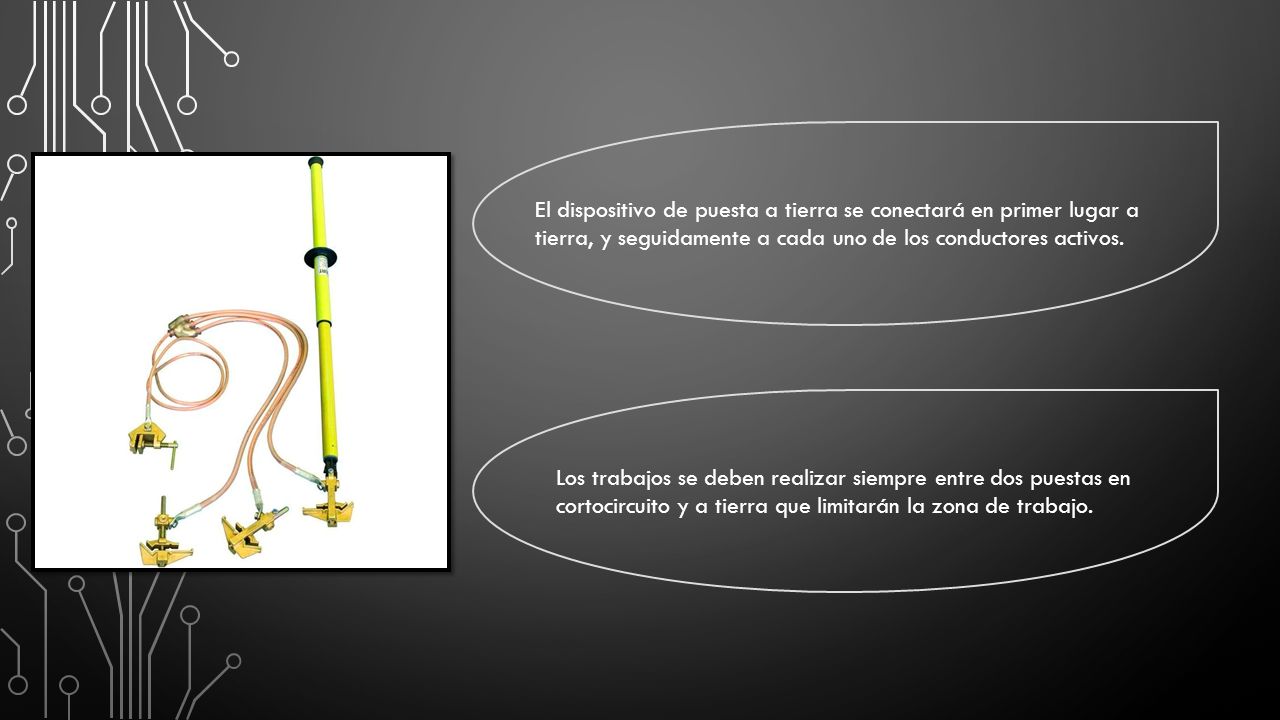 El dispositivo de puesta a tierra se conectará en primer lugar a tierra, y seguidamente a cada uno de los conductores activos.